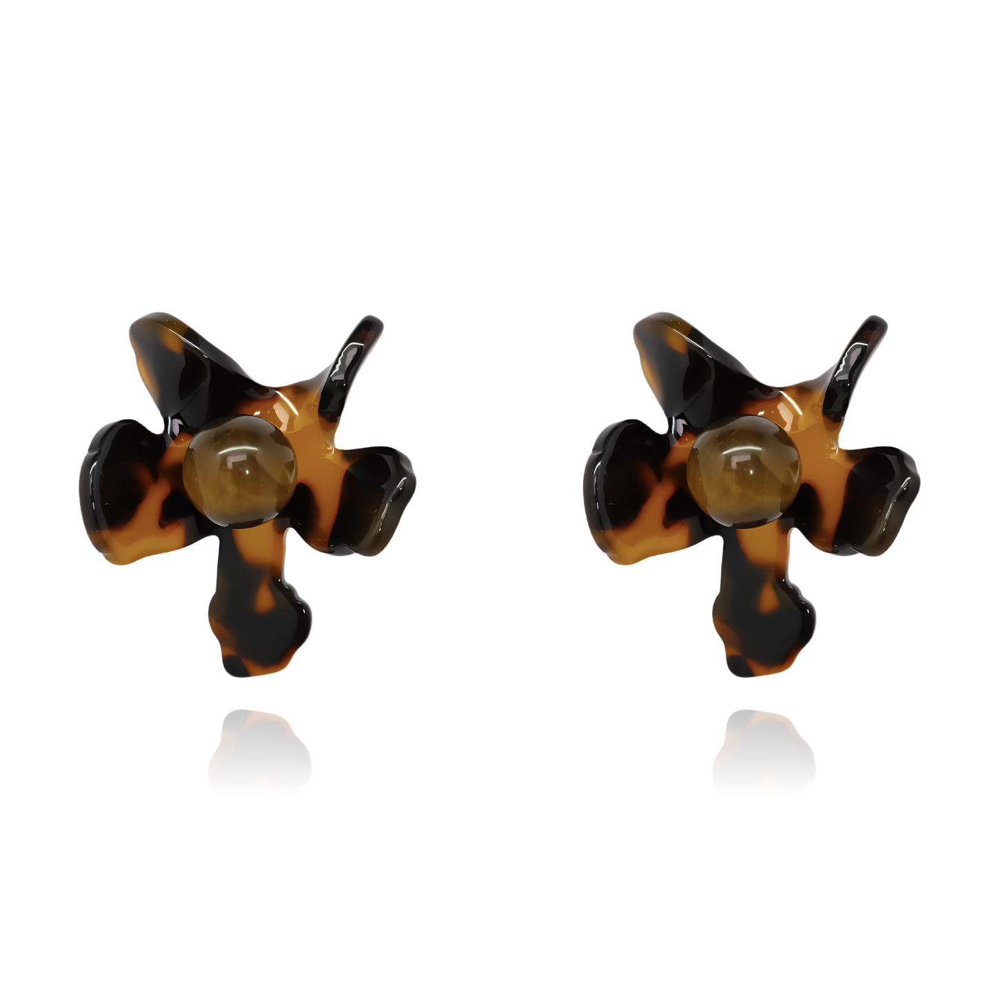 ROSE TORTOISE TIGER EYE BLOSSOM BUTTON EARRINGS